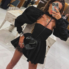 French Tube Top High Grade Backless Long Sleeves Black Two Piece A Line Dress