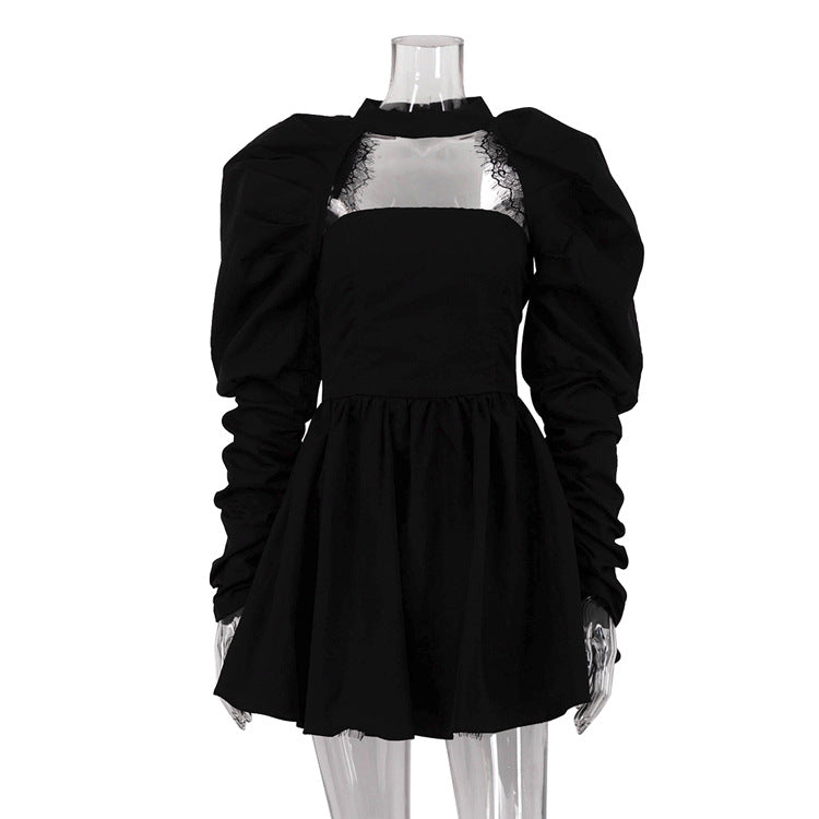 French Tube Top High Grade Backless Long Sleeves Black Two Piece A Line Dress