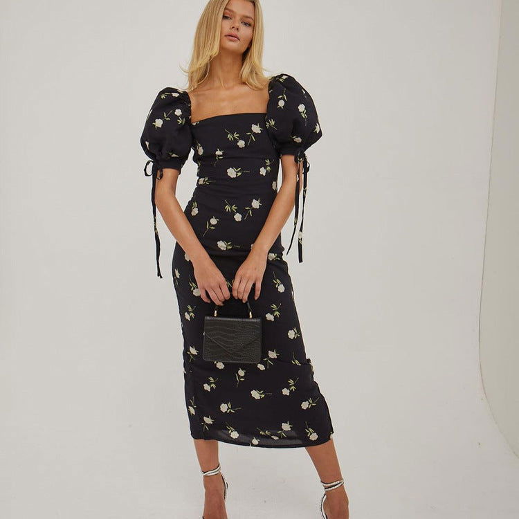 French Holiday Dress Floral Puff Sleeve off Neck Slim Fit Long Dress