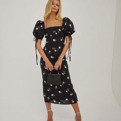 French Holiday Dress Floral Puff Sleeve off Neck Slim Fit Long Dress