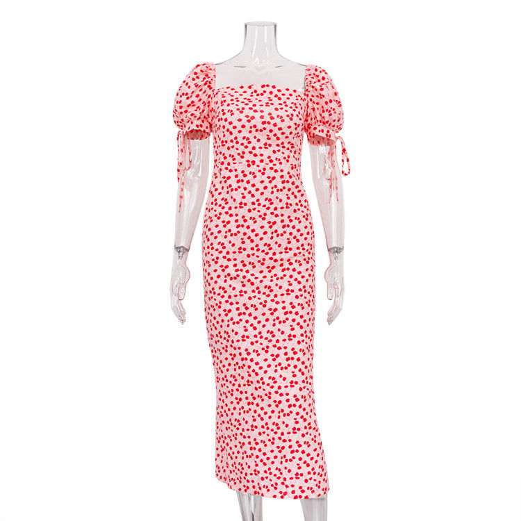 French Holiday Dress Floral Puff Sleeve off Neck Slim Fit Long Dress
