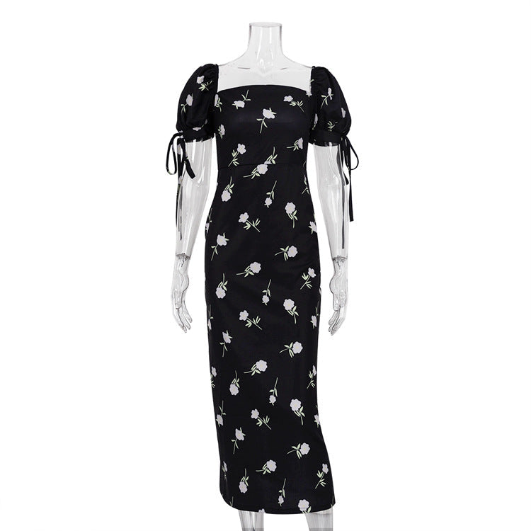 French Holiday Dress Floral Puff Sleeve off Neck Slim Fit Long Dress