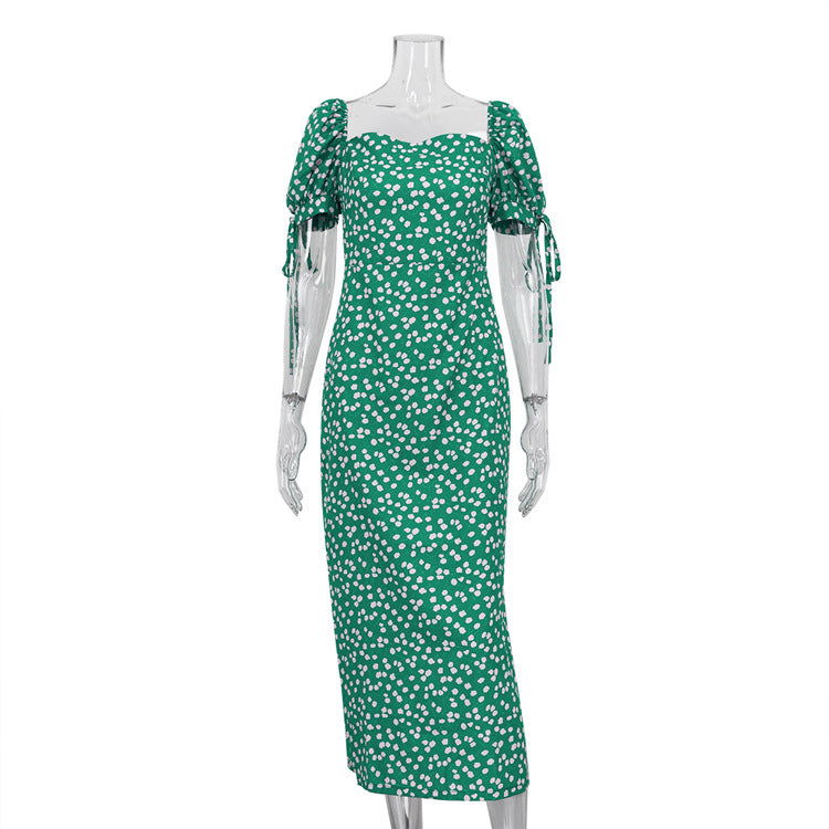 French Holiday Dress Floral Puff Sleeve off Neck Slim Fit Long Dress