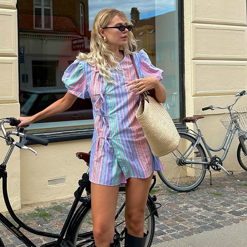 Fresh Casual V Neck Striped Printed Puff Sleeves Irregular Asymmetric Lace Up Dress