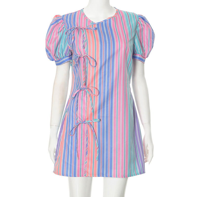 Fresh Casual V Neck Striped Printed Puff Sleeves Irregular Asymmetric Lace Up Dress