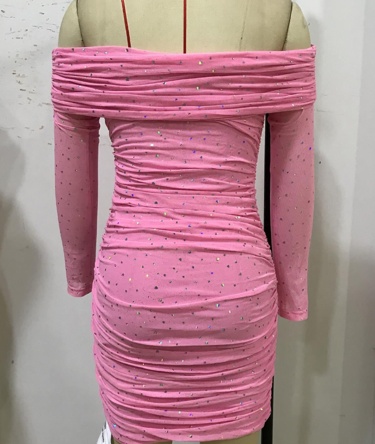 Fresh Sweet Mesh Heart-Shaped Silver Slim Fit Pleated off Neck Long Sleeve Solid Color Dress