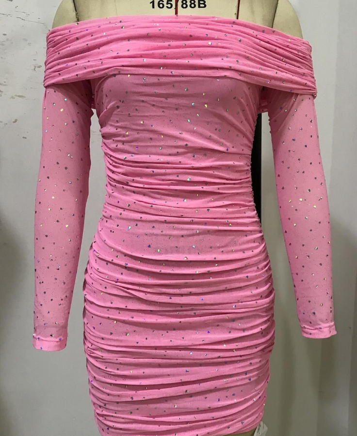 Fresh Sweet Mesh Heart-Shaped Silver Slim Fit Pleated off Neck Long Sleeve Solid Color Dress