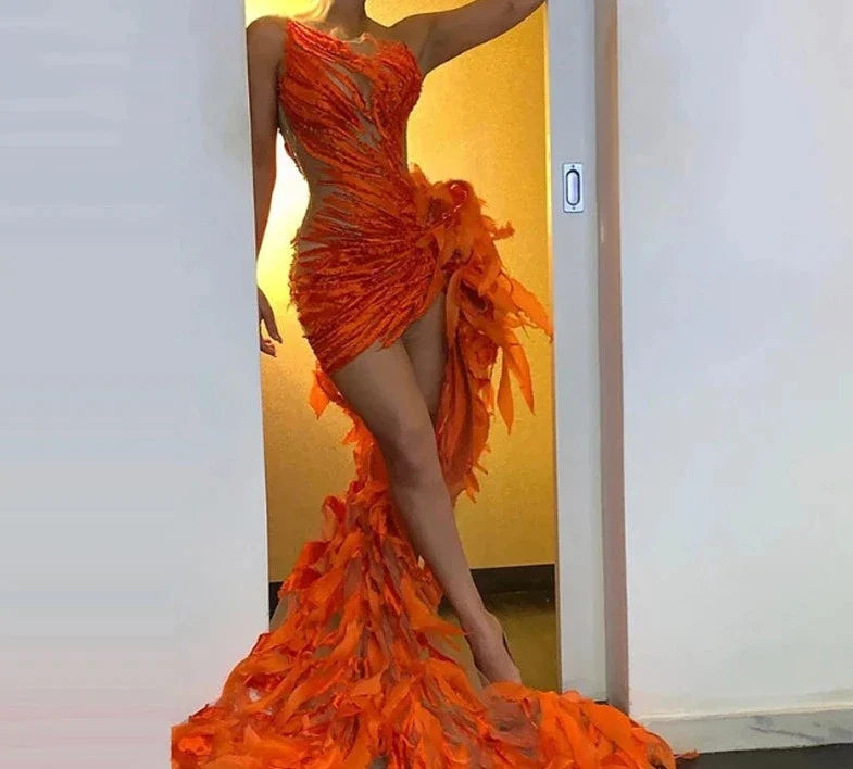 Orange Illusion Irregular Jewel Neck Prom Dress