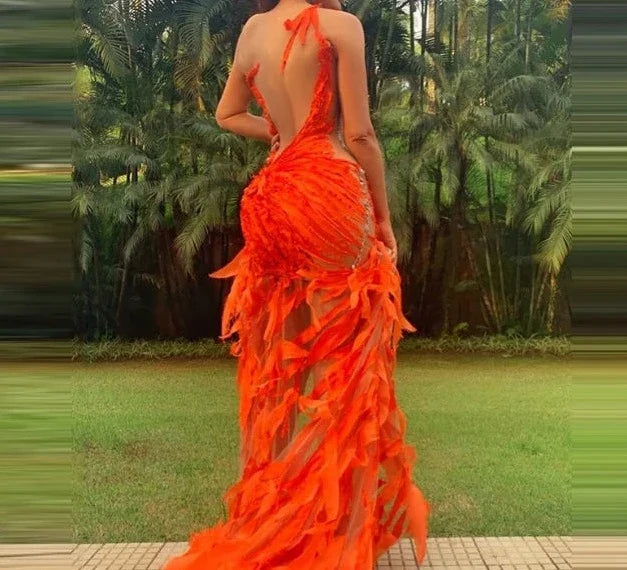 Orange Illusion Irregular Jewel Neck Prom Dress