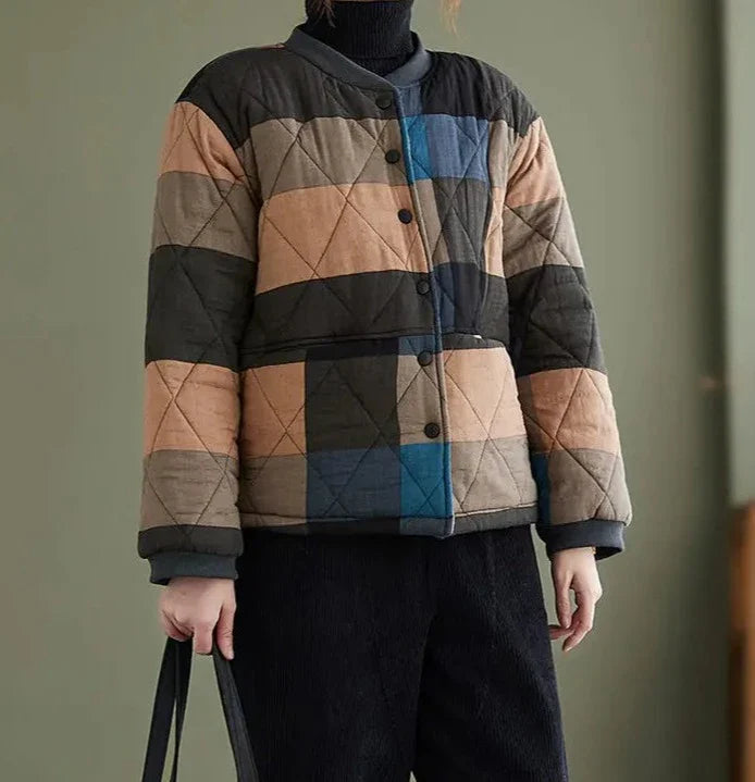 Cotton Linen Plaid Quilted Lightweight Jacket