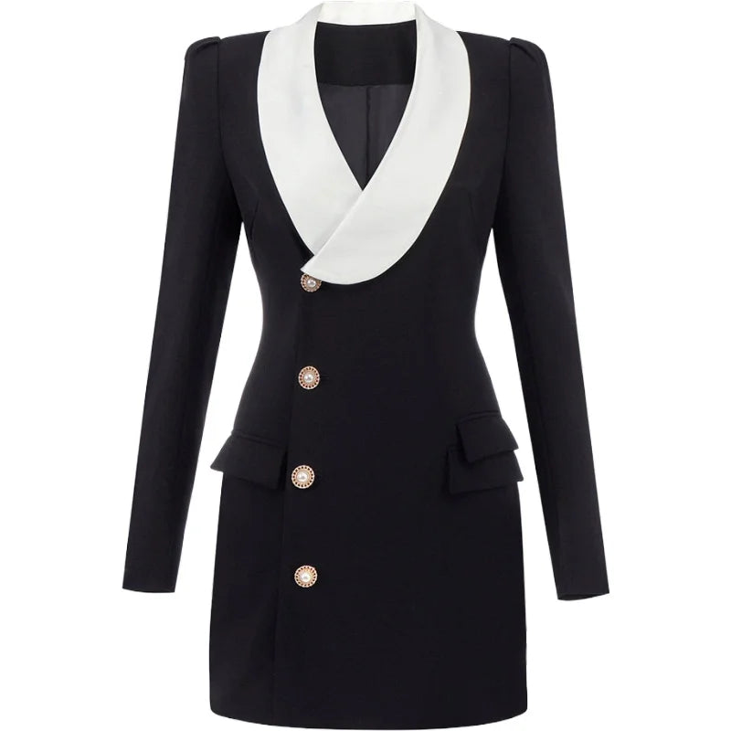 Notched Black White Patchwork Mini Dress