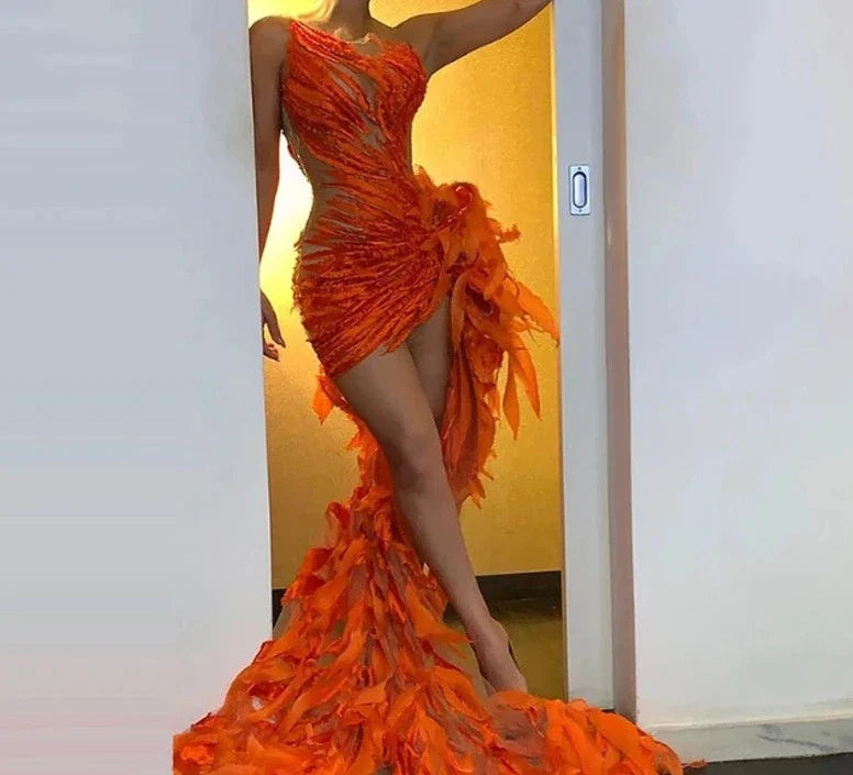 Orange Illusion Irregular Jewel Neck Prom Dress