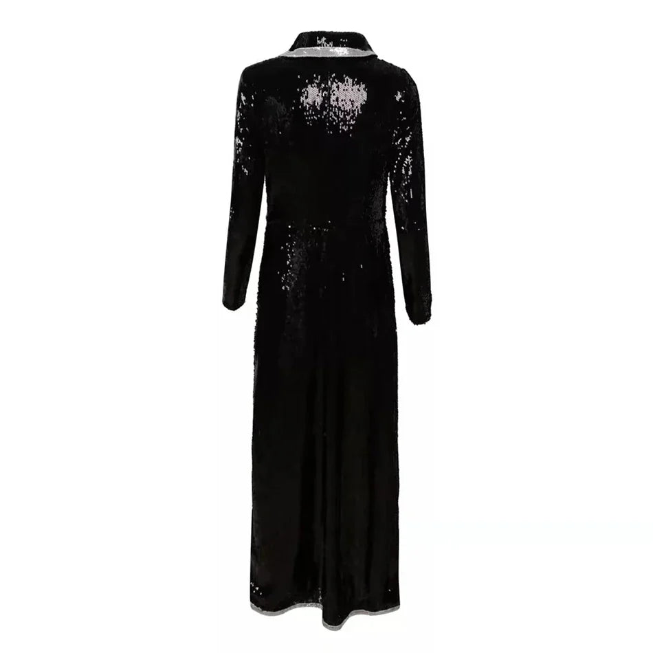 Black Sequins V-Neck Double-Breasted Full Sleeved Long Jacket