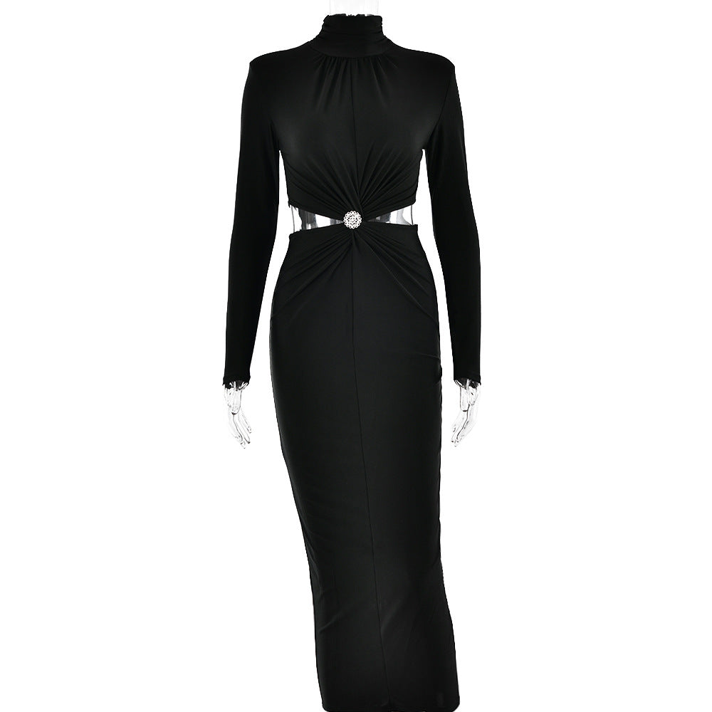 Half High Collar Long Sleeves Stitching Backless Pleated Dress Winter