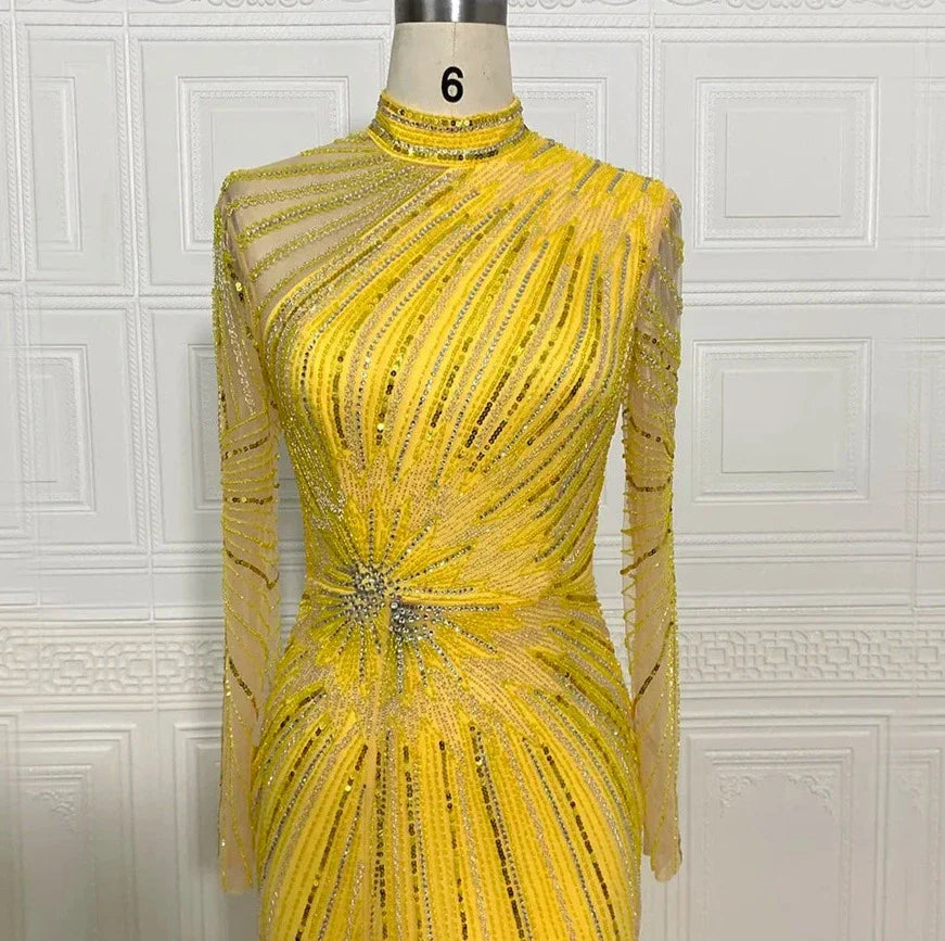 Yellow Mermaid Beading High-Neck Long Sleeves Handmade Gowns
