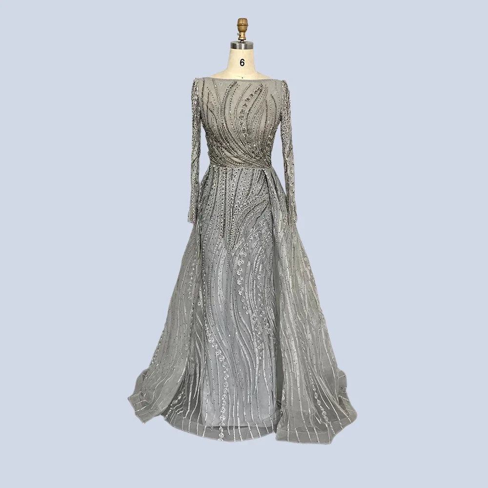 Mermaid Lace Boat Neck Crystal Handmade Asymmetrical Cape Gown