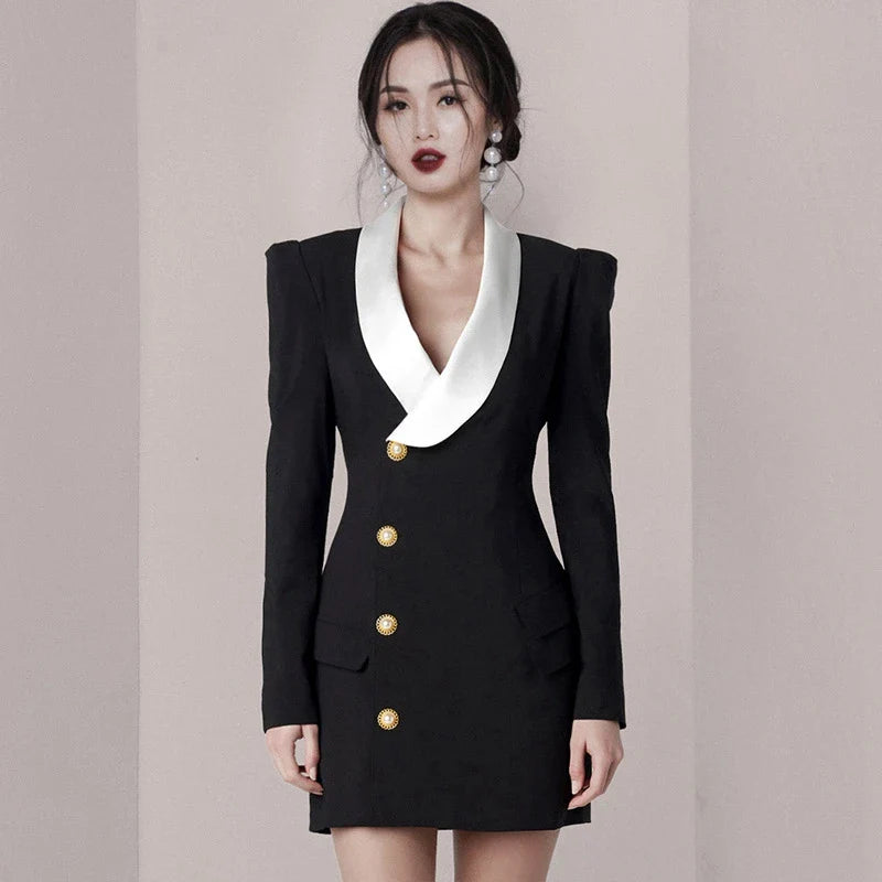 Notched Black White Patchwork Mini Dress