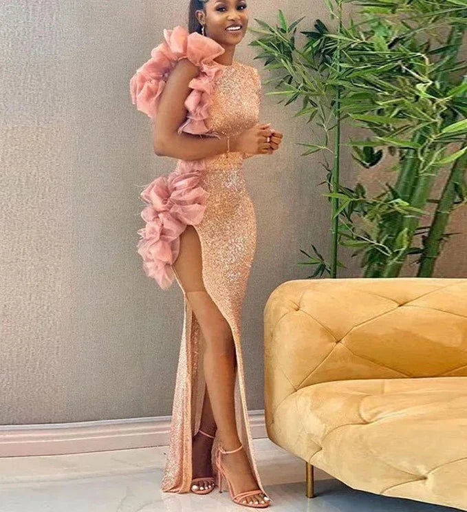 High Split Organza Ruffles Sequin Floor Length Dress