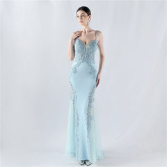 Heavy Embroidery Drilling Boning Corset Vest Lace Beaded High Fork Evening Dress