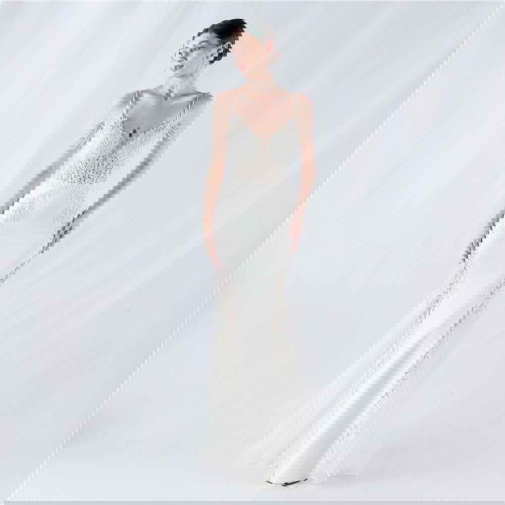 Heavy Embroidery Drilling Boning Corset Vest Lace Beaded High Fork Evening Dress