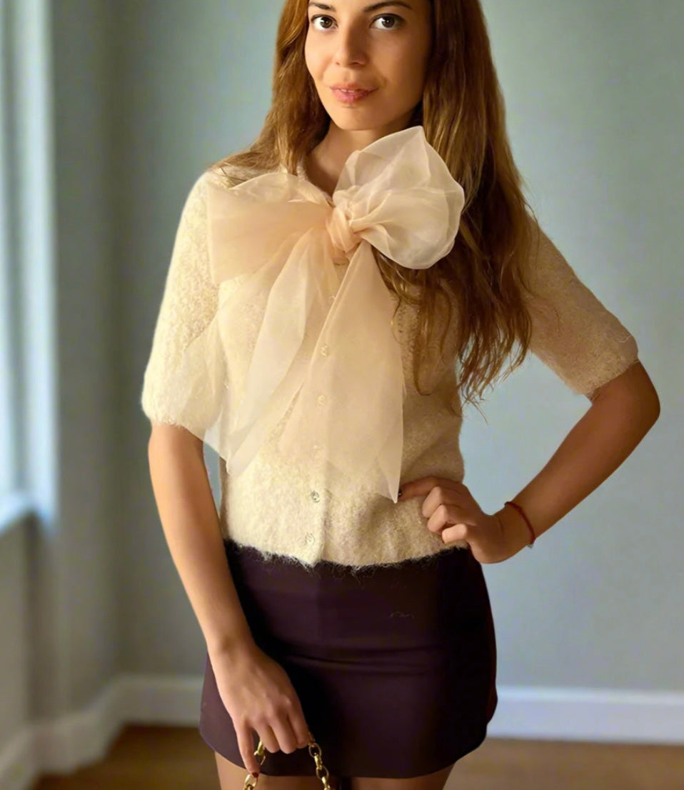 Women's Bow-Decorated O-Neck  Cardigan