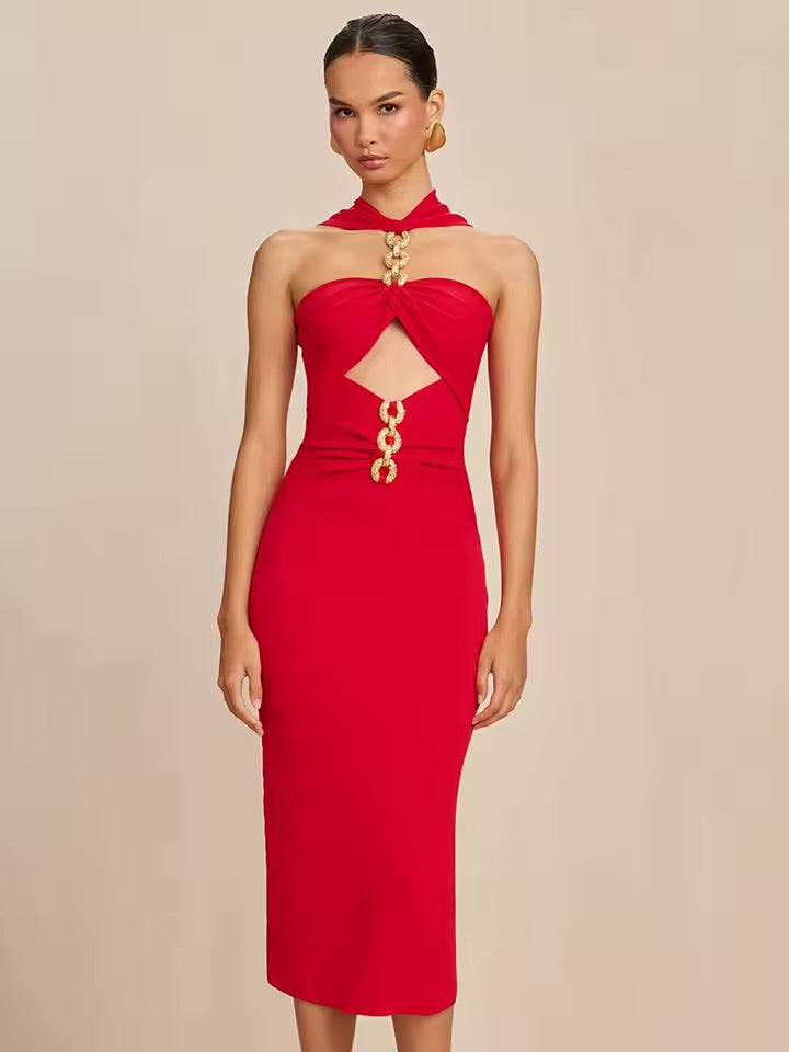 Red Metal Strapless Design Bodycon Midi Dress