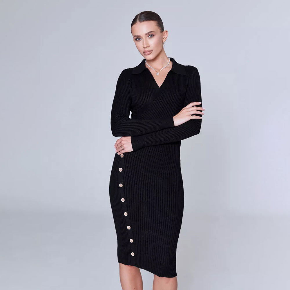 Inner Wear Sweater Knitted Dress  Elegant Polo Collar Hip for