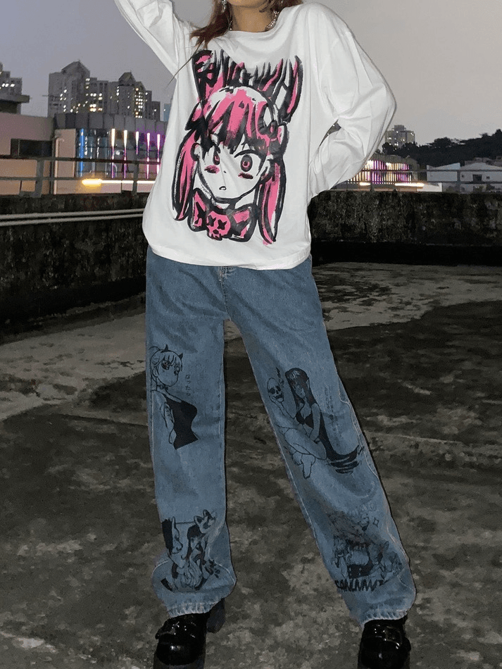 Graffiti-print boyfriend jeans