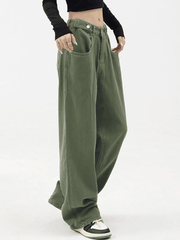 Buttoned green baggy boyfriend jeans