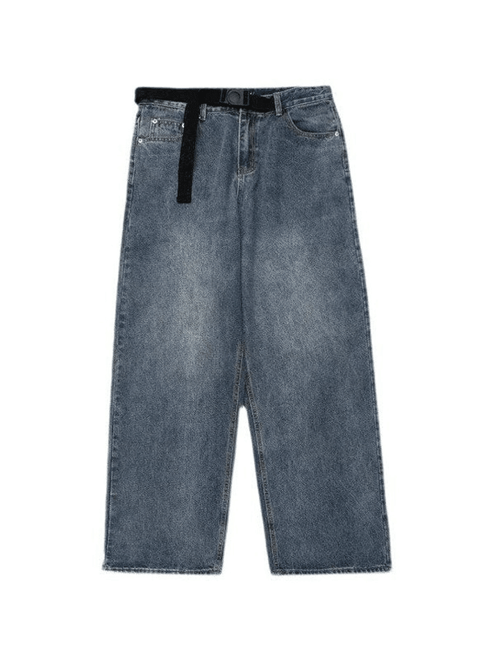 Washed blue belted boyfriend jeans