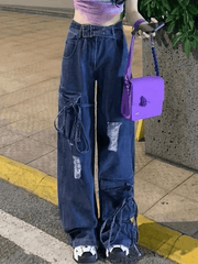 Ripped boyfriend jeans with tie belt