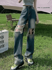 Faded straight jeans with ripped knees