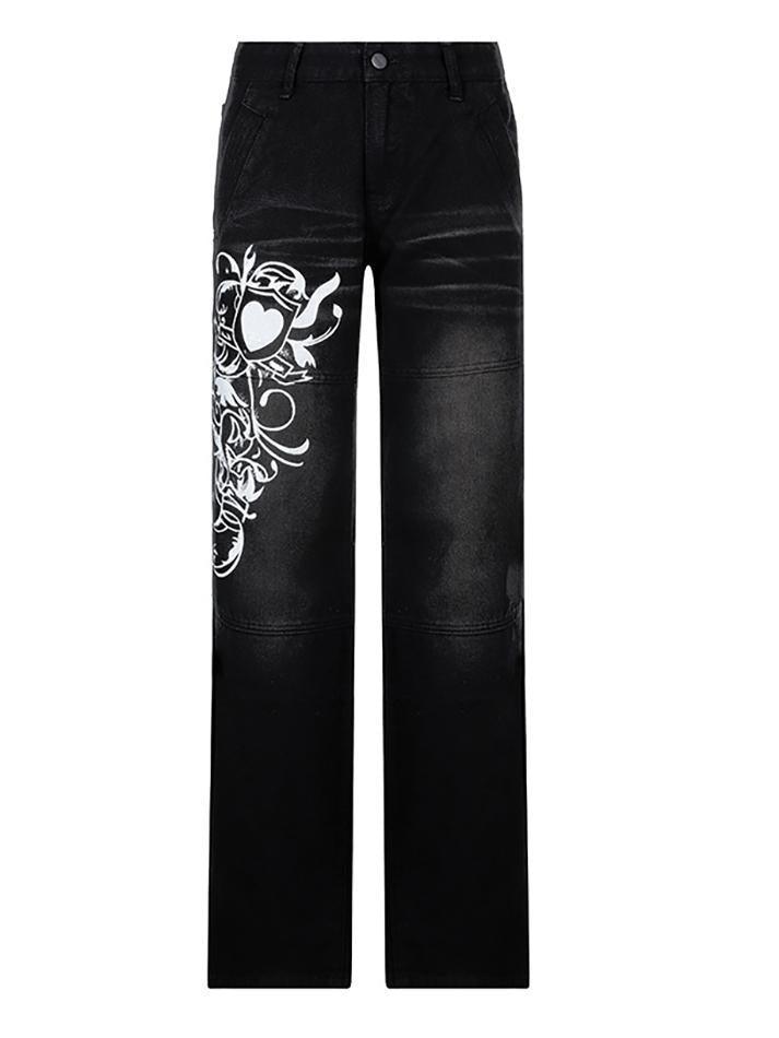 Vintage faded heart print jeans