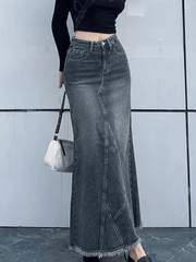 Langer Patchwork-Jeansrock mit Schlitz hinten