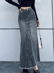 Langer Patchwork-Jeansrock mit Schlitz hinten