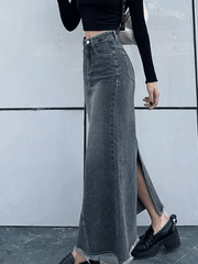Langer Patchwork-Jeansrock mit Schlitz hinten