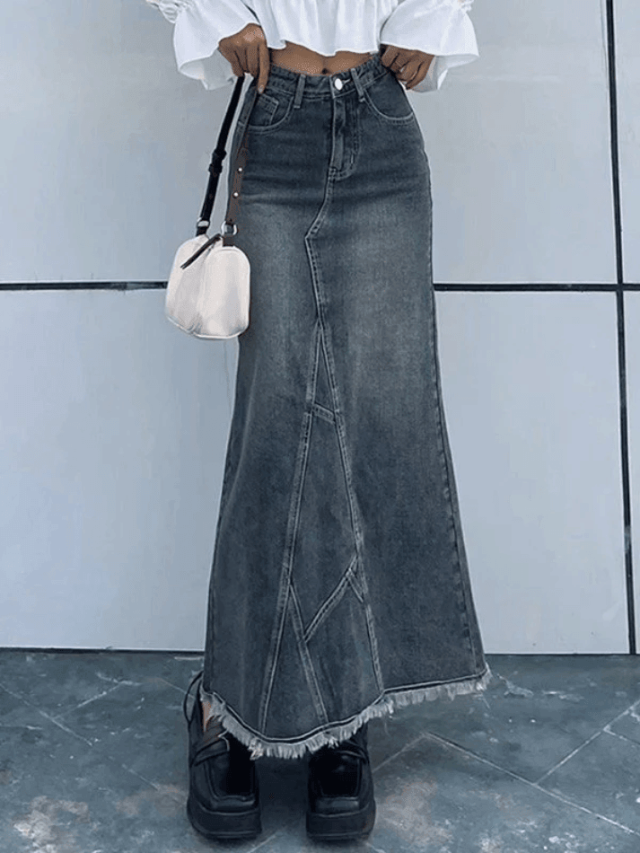 Langer Patchwork-Jeansrock mit Schlitz hinten