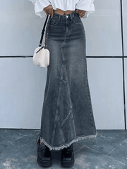 Langer Patchwork-Jeansrock mit Schlitz hinten