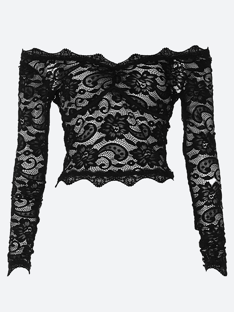 Transparentes, schulterfreies Spitzentop
