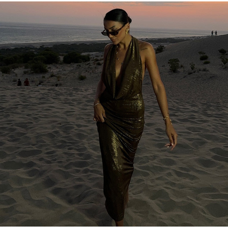 Halter Deep V Neck Sleeveless Fishtail Dress