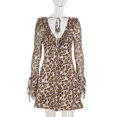 Leopard Print Ruffled Tied Long Sleeve Mini Dress Personality Slim Fit Dress