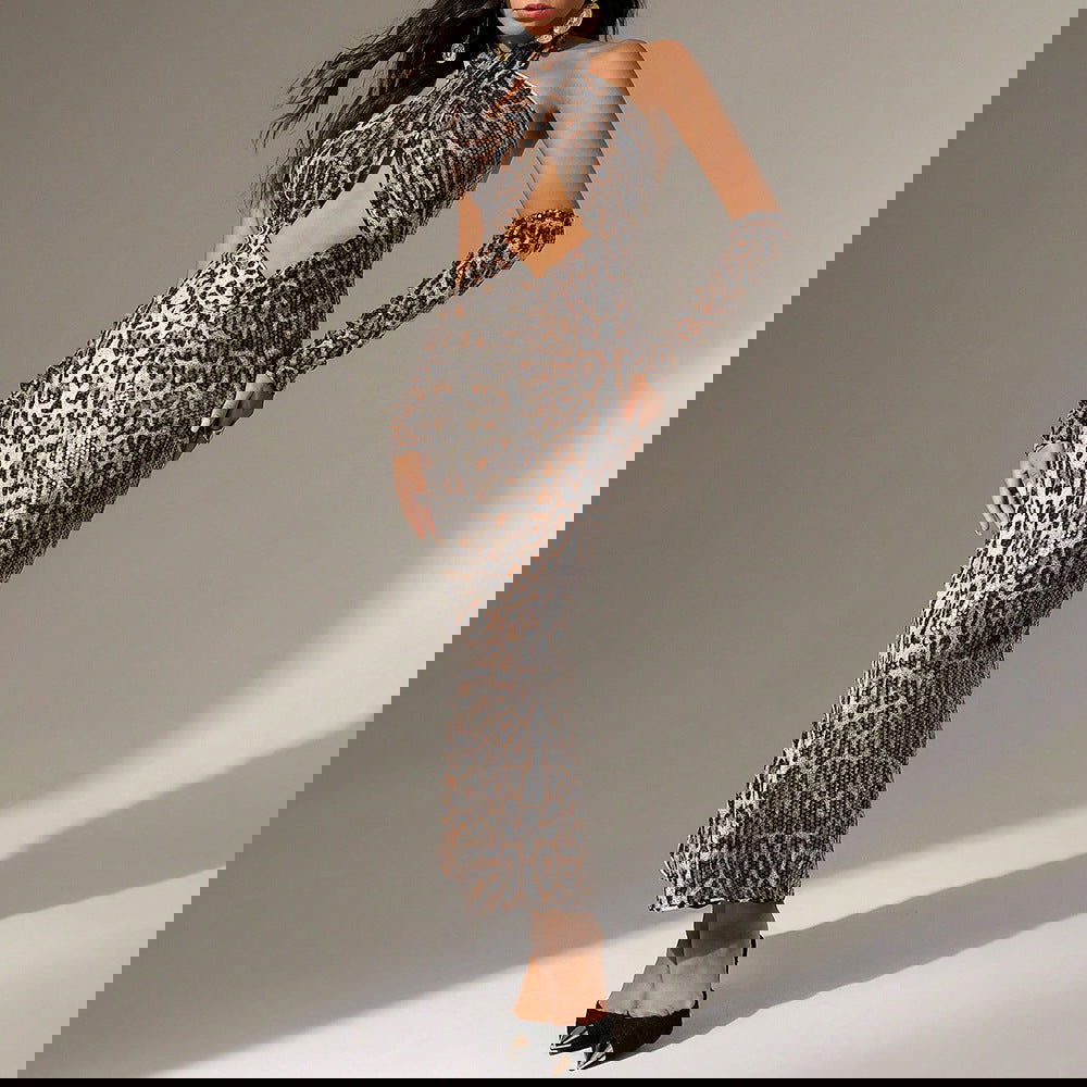 Leopard Print Sequined Hollow Out Cutout Out Halter Backless Half Sleeve Cocktail Dress