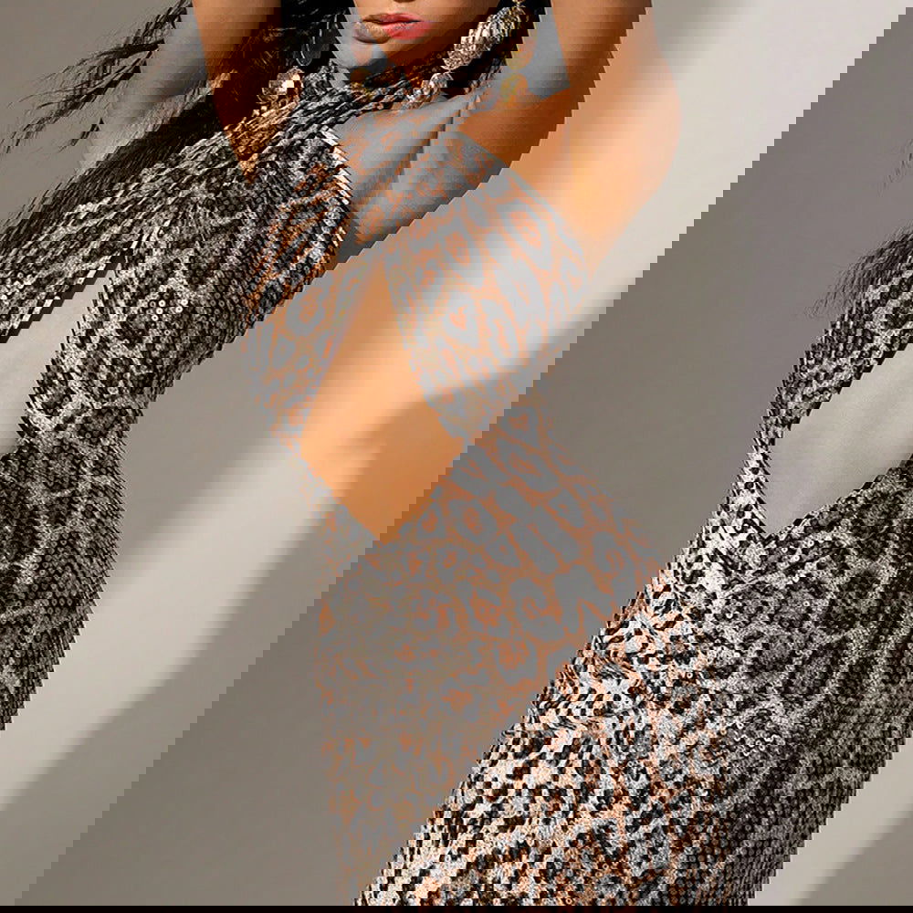 Leopard Print Sequined Hollow Out Cutout Out Halter Backless Half Sleeve Cocktail Dress