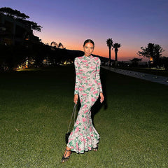 Long Sleeve Slim Fit Long Printed  Elegant Dress