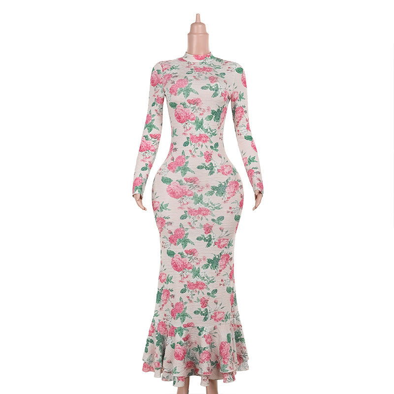 Long Sleeve Slim Fit Long Printed  Elegant Dress