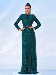Long Sleeve round Neck Long Sequined Cocktail Evening Dress Bridesmaid