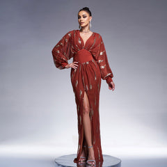 Long Sleeved Elegant V neck Long Sequined Cocktail Evening Dress Bridesmaid