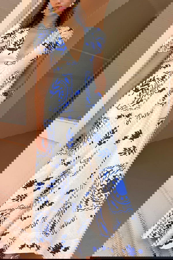 Low Cut V Neck Printed Puff Sleeve Large Swing Cotton Linen Dress