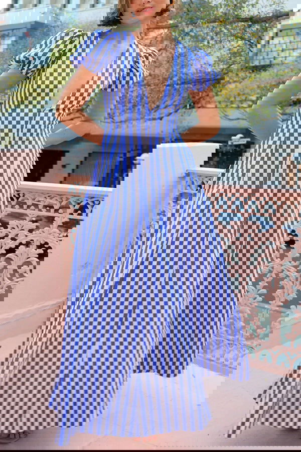 Low Cut V neck Striped Puff Sleeve Large Swing Dress