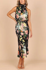 Mature Elegant Sleeveless Halter Printed Satin Dress